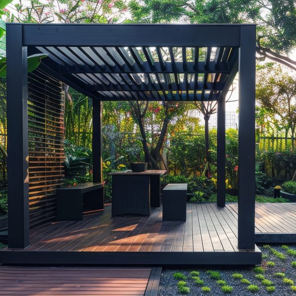 Elegant morning glow opulent garden setting with teak deck and stylish black pergola