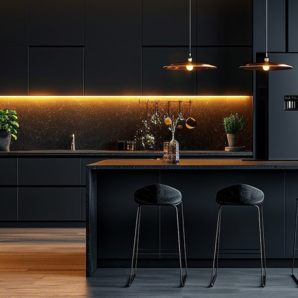 the modern minimalist kitchen with black cabinets and metal lighting.