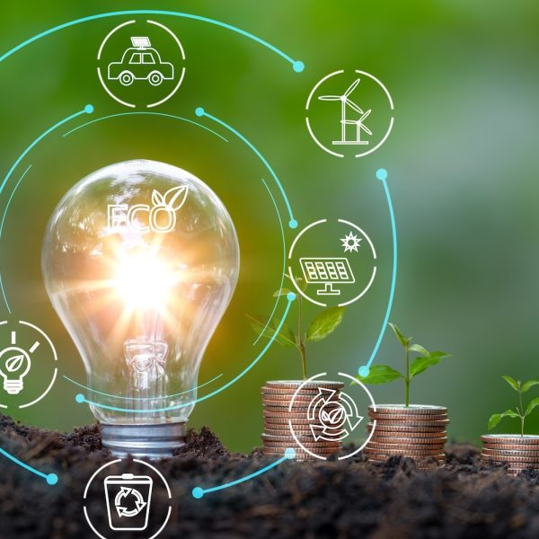 Energy saving light bulb and save world concept, sustainable development. Ecology concept. Environmental protection, renewable, sustainable energy sources concept.Environmental concepts on Earth Day