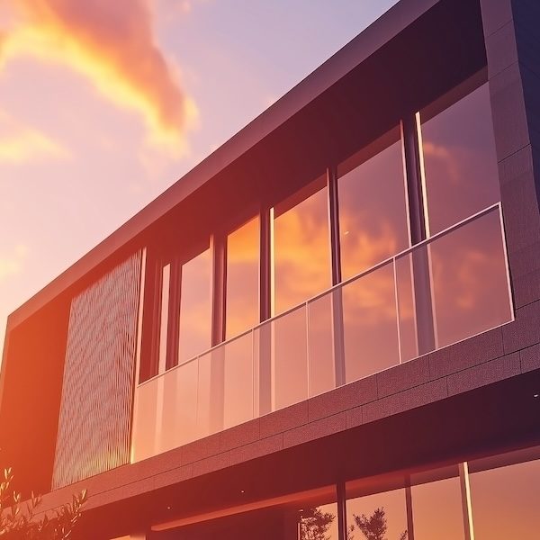 Modern office building exterior at sunset. 3d rendering and illustration. Modern office building exterior at sunset. 3d rendering and illustration.
