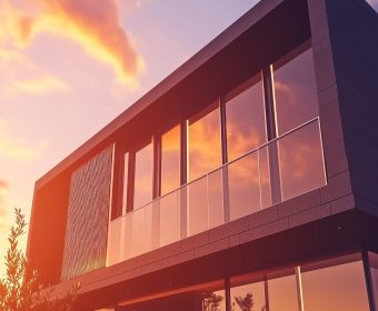 Modern office building exterior at sunset. 3d rendering and illustration.
