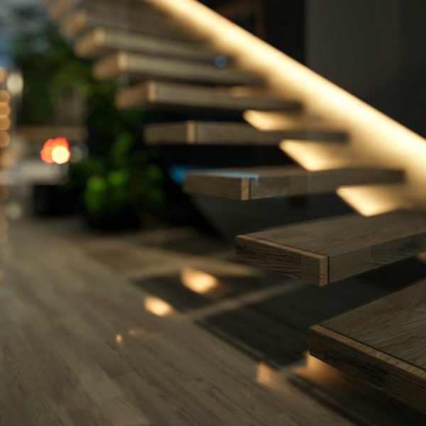 3d rendering of modern cozy interior with living,dining zone stair and kitchen for sale or rent with wood plank by the sea in night. Warm interior lighting combined with cold light from night street